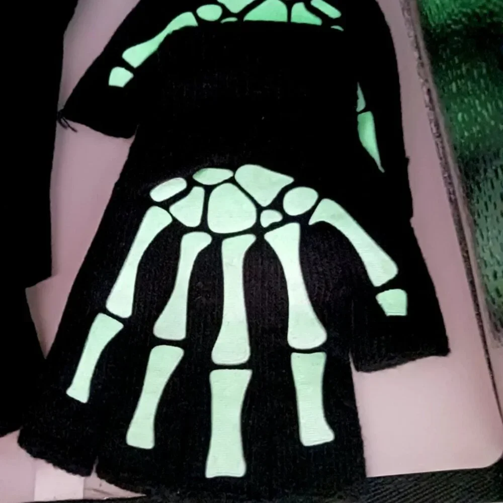 Skeleton Print Fingerless Goth Gloves-Black TWO Pair Unisex New